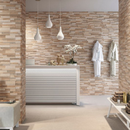 Carreaux muraux en céramique | 15x61 cm | Tilestone 3D Bois Sand Carrelage mural en céramique, carrelage mural, beige, 3D, plancher, bandes en bois, Tilestone